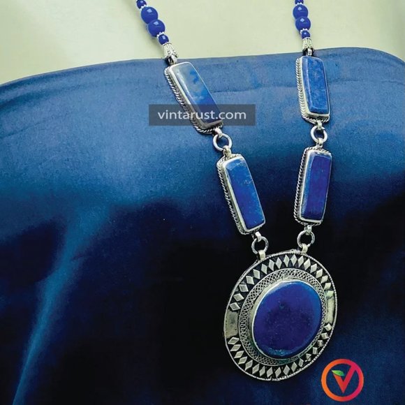 Blue Lapis Lazuli Pendant Necklace: Beaded Gemstone, Tribal Jewelry - Picture 3 of 13